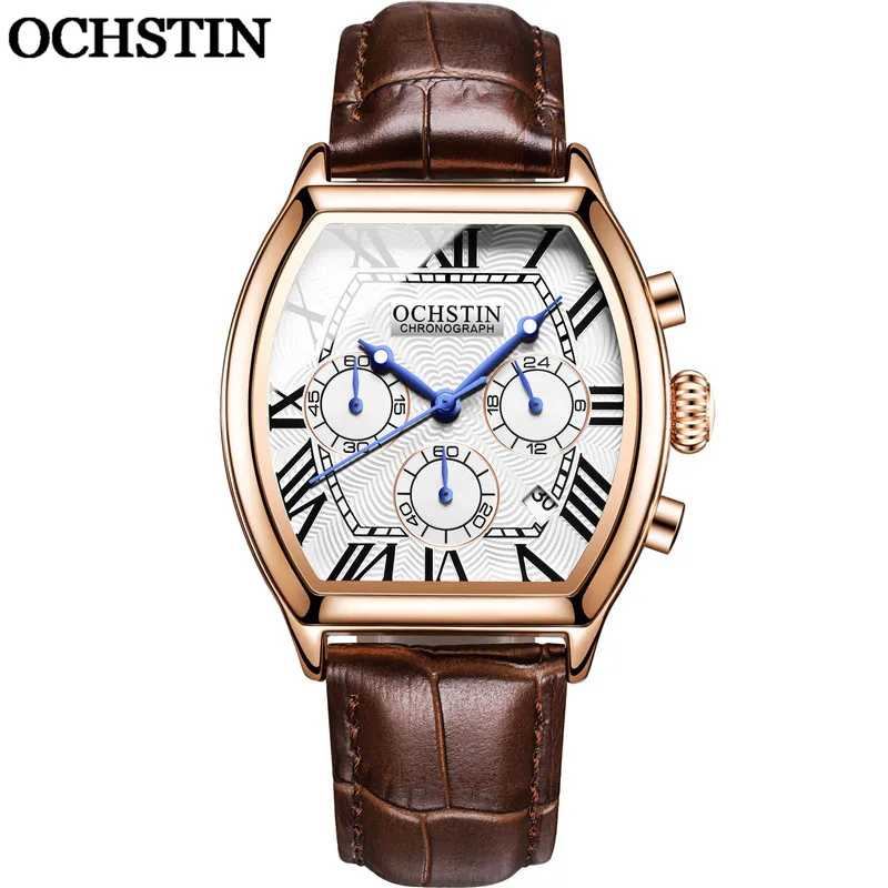 OCHSTIN Man Square WristWatch Chronograph Sport Men Quartz Watch Military Top Brand Rose Gold Genuine Leather Business Clock