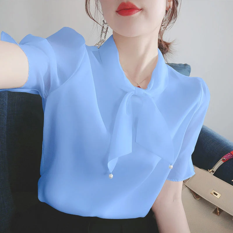 Women Summer Chiffon Blouses Shirts Lady Casual Bow Tie Collar Short Puff Sleeve Chiffon Blusas Tunic Tops DD9122