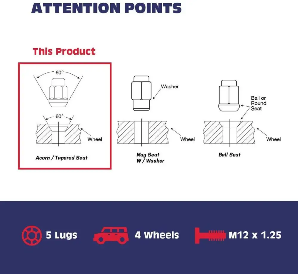 KSP 12x1.25 Lug Nuts for Aftermarket Wheels, 20pcs 6 Spline/Point 12mmx1.25 Lugnuts Tuner Conical/Cone Seat Rims with Socket Key