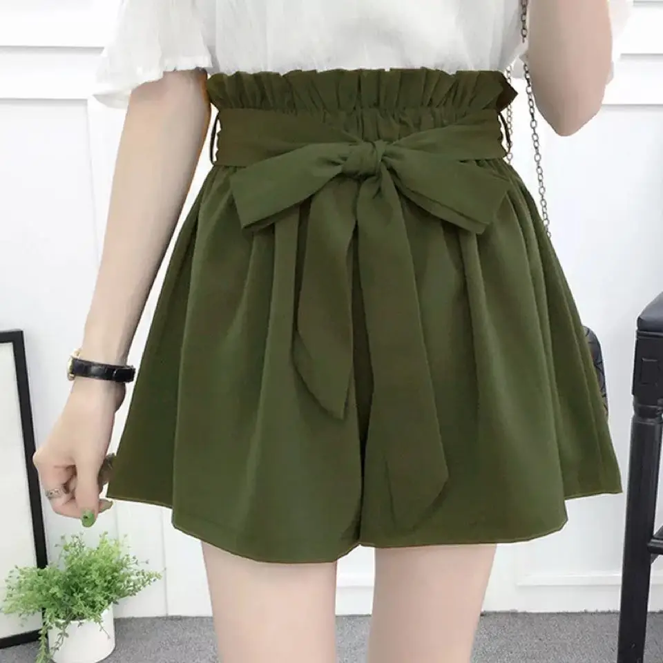

Fashion Shorts Women Korean Style Casual Chic Simple All-match Shorts Loose Elastic Waist Solid Sashes Wide Leg Pantskirts