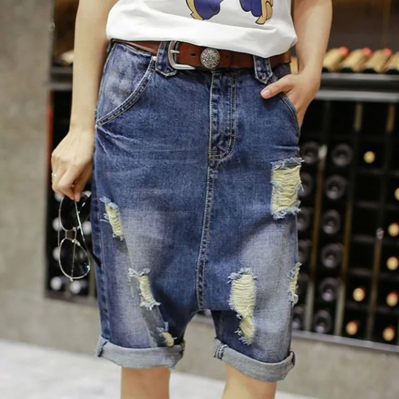 Women Denim Cross-pants Fashion Low Drop Crotch Short jeans Hip hop punk style Baggy Harem shorts  Ripped Sagging Cowboy shorts