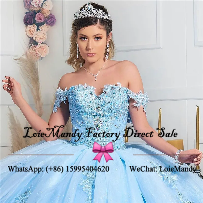 Suknia balowa niebieskie sukienki Quinceanera długa 2022 aplikacja z koronki tiul słodka 16 sukienka Sexy Off The Shoulder Vestidos de quinceanera