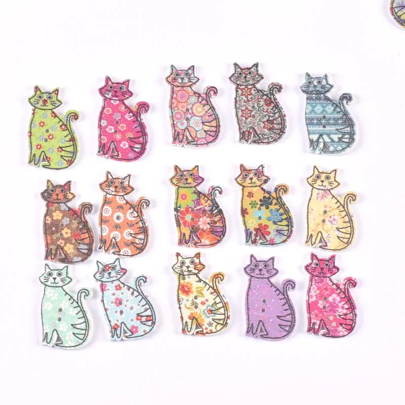 Random Mixed Painted cat Wooden Buttons For Clothes Sewing Crafts Handmade Scrapbooking DIY Kid Apparel Supplies 25Pcs 18x30mm