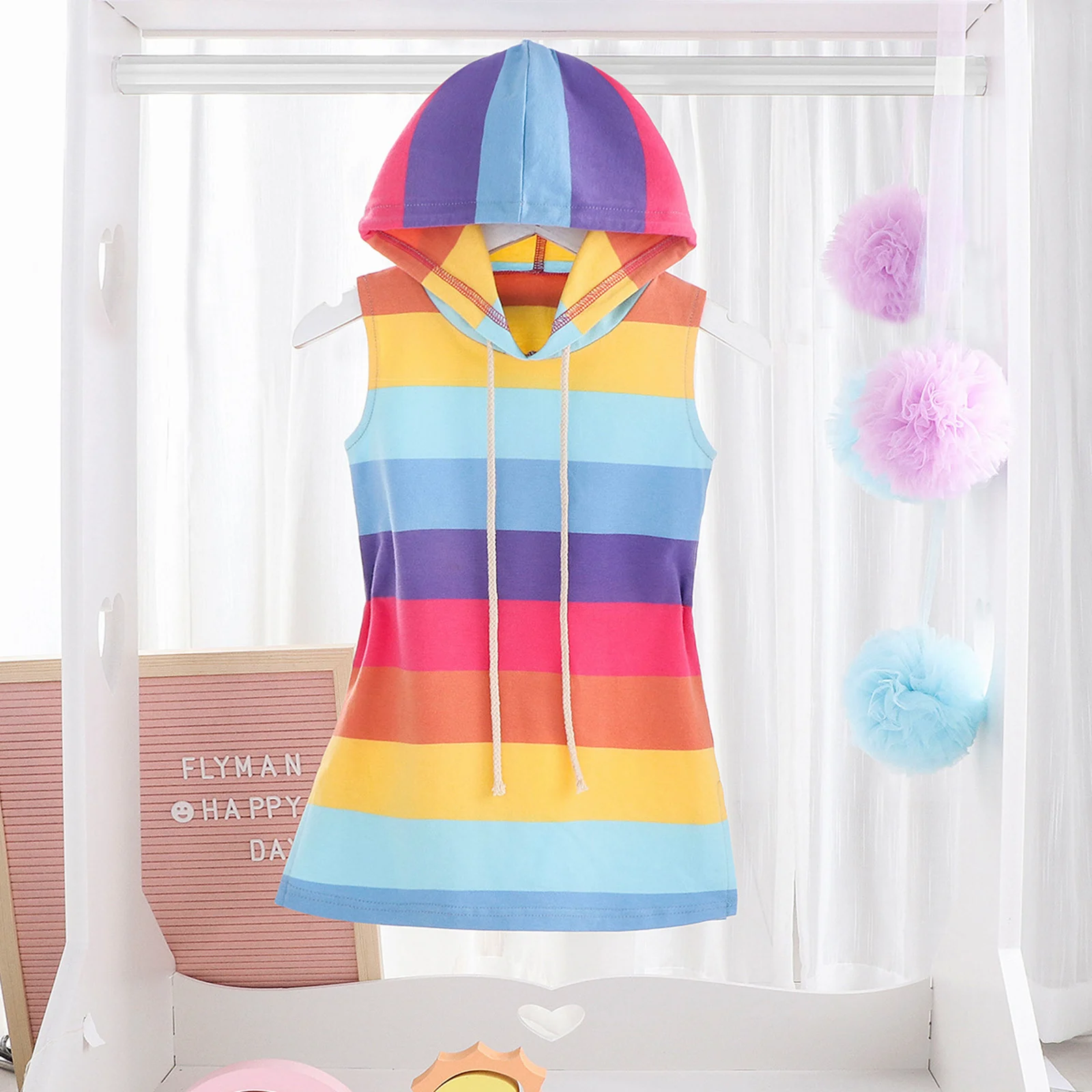 Kid Girls Rainbow Dress Summer Clothing Children Cotton Colorful Stripes Hooded A-Line Dress Kids Princess Split Dresses Sunsuit