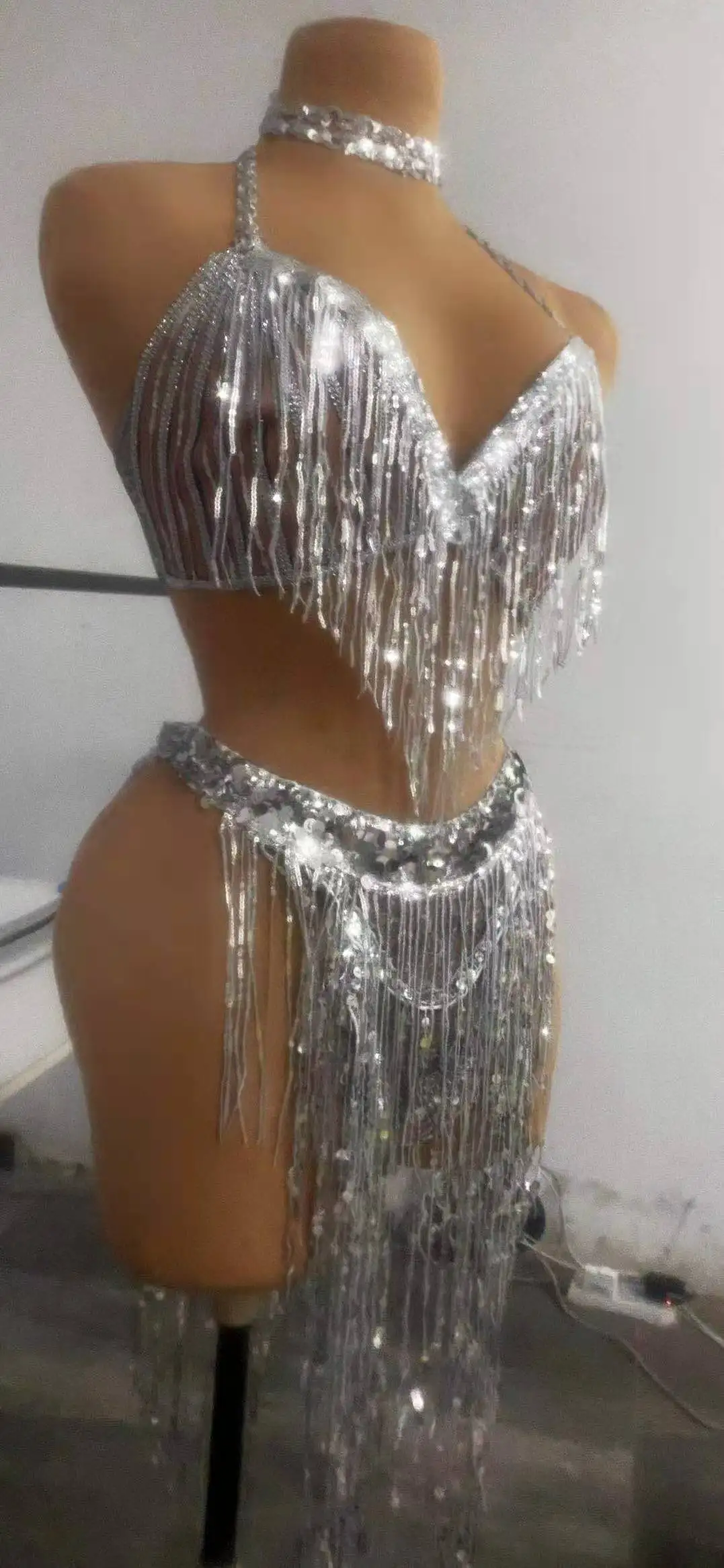 Sparkling Silver Sequin Tassel Bikini Sets Women Sexy Halter Fringes Bra + Shorts Nightclub DJ Pole Dance Stage Outfit Sets