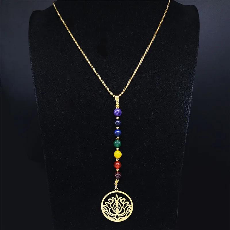 Yoga Lotus 7 Color Chakra Stone Stainless Steel Chain Necklaces for Women Gold Color Long Necklaces Jewelry collar N466S04