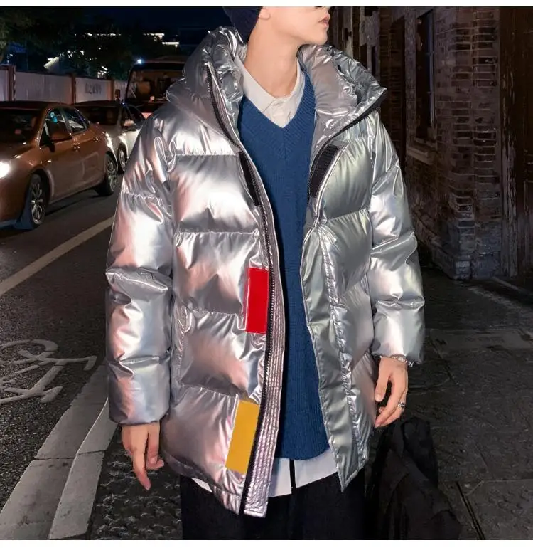 Silver Shiny Men\'s Winter Coat Fashion Hooded Warm Thicken Blue Cotton Padded Puffer Jacket Men 2020 New Parka