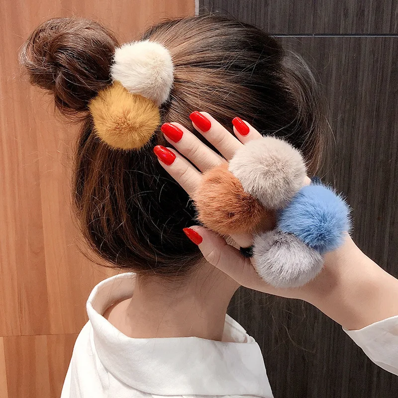 Cute Fluff Ball Hair Ties Elastic Hair Rubber Bands Plush Animals Rabbit Ear Girl Hair Accessories Headbands Barrette Wholesale