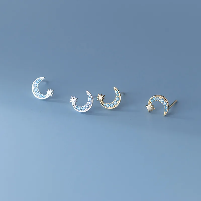 KAMIRA 925 Sterling Silver Korean Star Moon Shiny Blue Zircon Piercing Stud Earrings for Women Party Romantic Simple Jewelry 피어싱