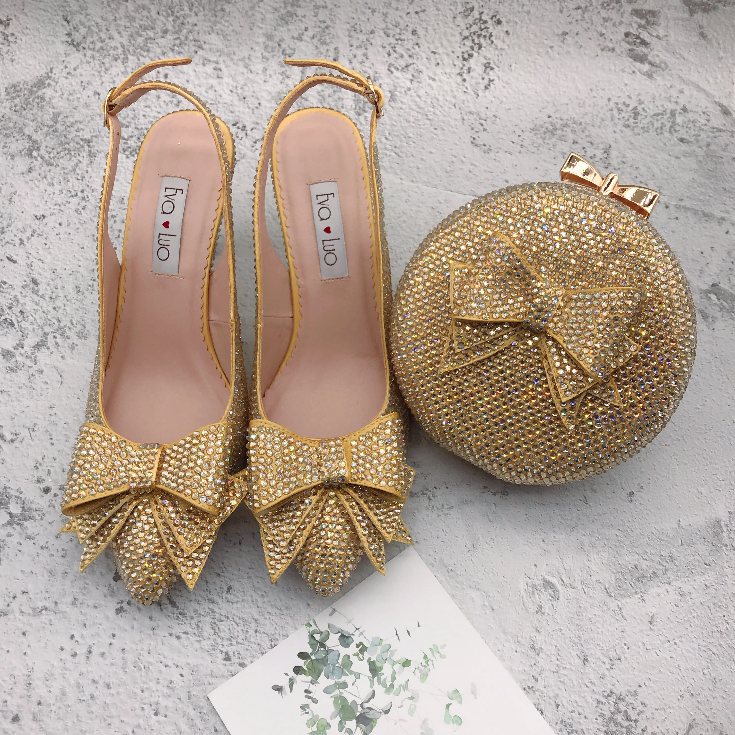 

BS1249 Custom Handmade SlingBacks Big Size High Heel Women Shoes Bridal Wedding Champagn Gold Crystal Shoes And Bag Set