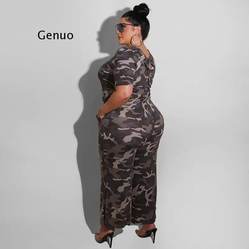 Camouflage Printed Women Jumpsuits Wide Leg  Short Sleeves o Neck Loose Ladies Rompers Summer Autumn Outfits Femme