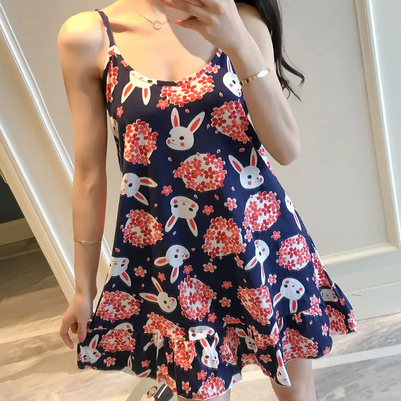 Nightgowns Women 2XL Sleepwear Adjusted Spaghetti Strap Sexy Thin Ruched Ulzzang Kawaii Womens Printed Trendy Homewear Leisure