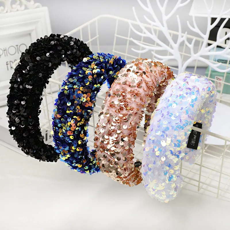 AWAYTR Fashion Glitter Sequins Thick Hairbands for Women Headbands Wide Head Hoop Girls Hair Bands for Women Hair Accessories