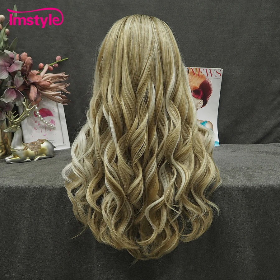 Imstyle-Perruque Lace Front Wig synthétique mixte blonde 24 pouces, perruques 03/Wigs pour femmes, fibre de degré de chaleur, ondulée naturelle