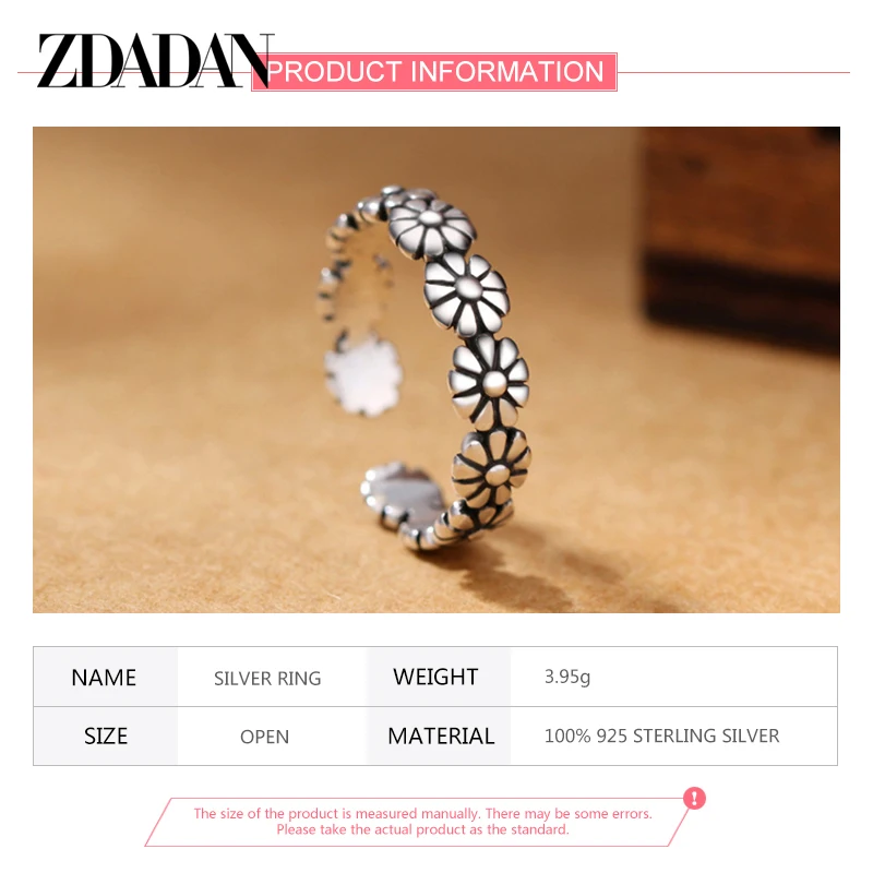 ZDADAN 925 Silber Vintage Gänseblümchen Blume Offenen Ring Für Frauen Schmuck Zubehör