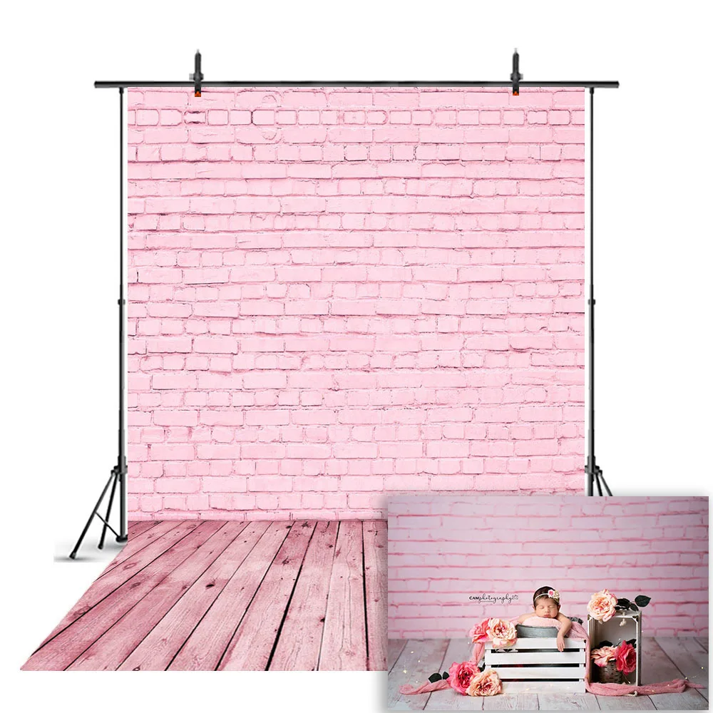 Pink Brick Wall Newborn Baby Portrait Photo Background Grey Wood floor Birthday Party Photography Backdrop Baby Shower Photo