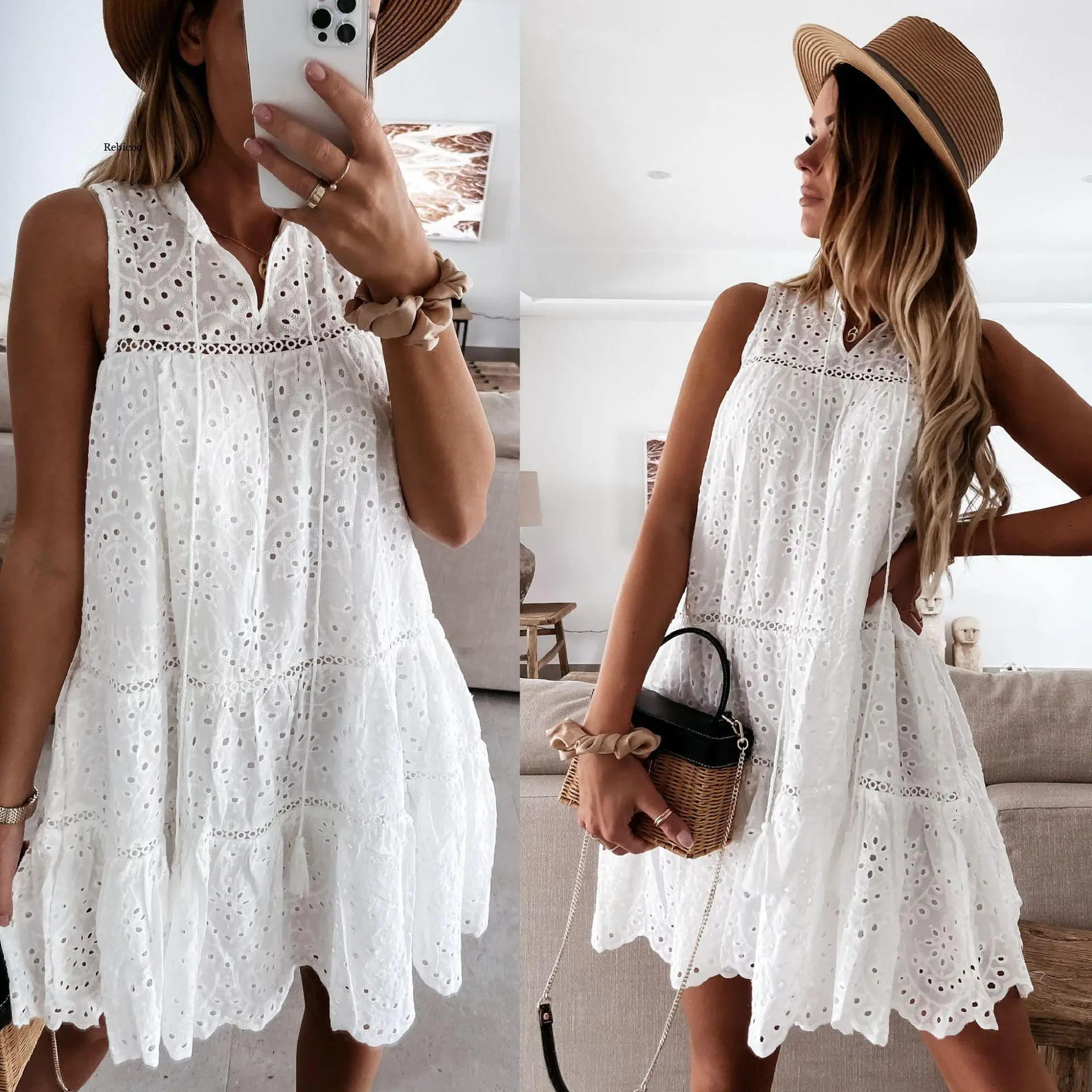 Foridol Sleevless White Lace Dress Beach Summer Women Casual A-line Loose Hollow Out Short Dress Female Clothes.