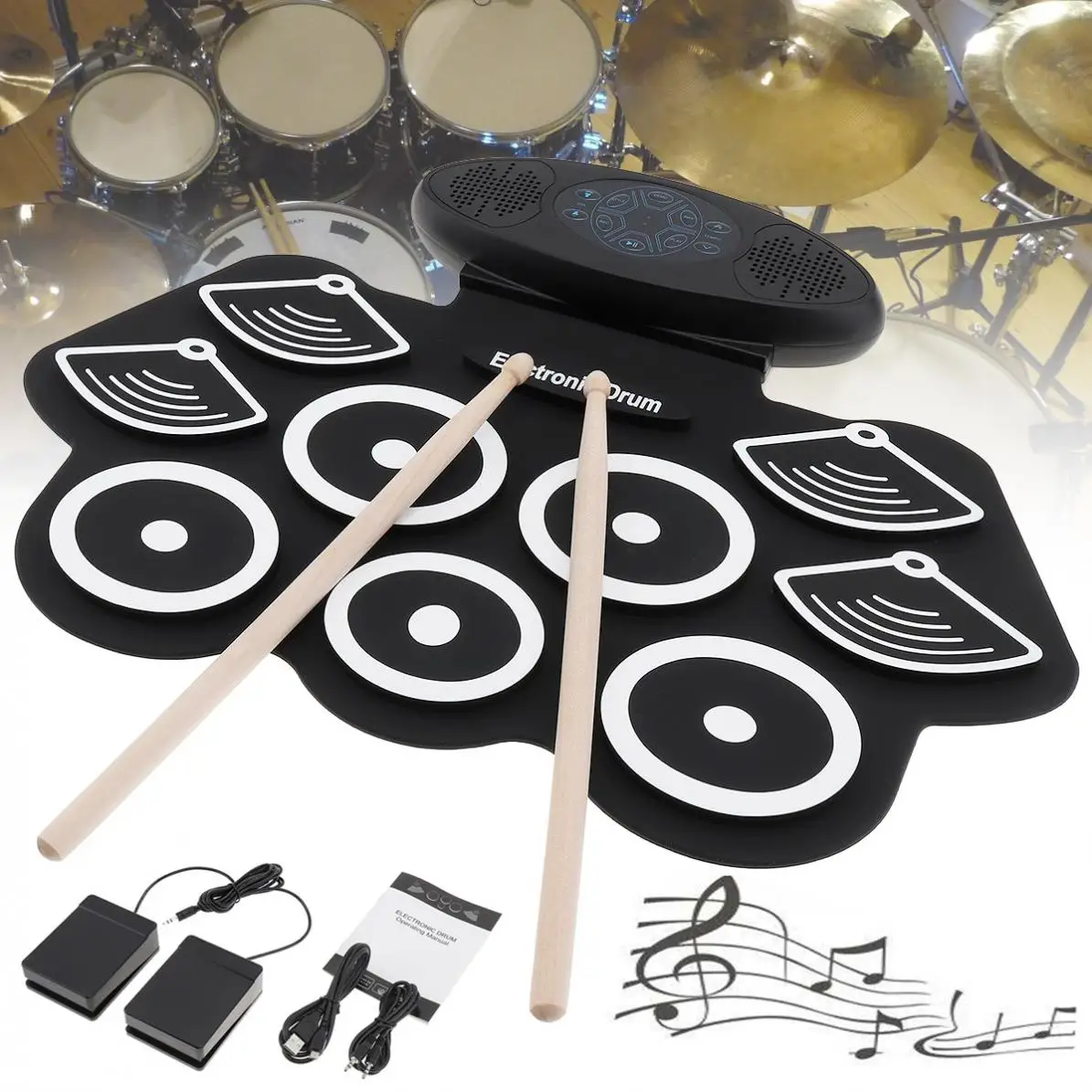 

9 Pads Electronic Roll up Thicken Silicone Drum Double Speakers Stereo Electric Drum Kit with Drumsticks and Sustain Pedal