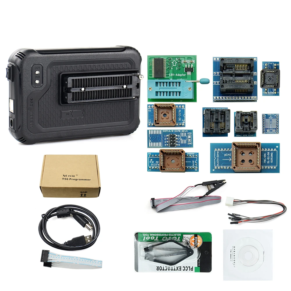 Programador universal xgecu t56, original, suporte poderoso, nor flash/nand flash/emmc + 15/17 adaptadores, clipe de teste, calculadora inteligente