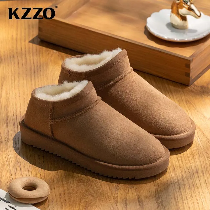 KZZO Classic Sheepskin Suede Leather Snow Boots For Women Natural Wool Fur Lined Short Mini Winter Warm Shoes Non-slip Maroon