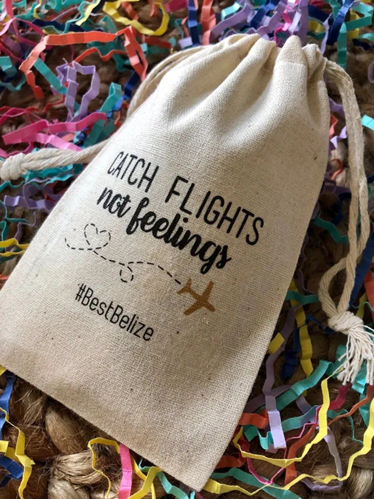 Set of 10 personalize any text Catch Flights Not Feelings Girls Trip Survival Kit Bags / Custom wedding Muslin Cotton favor Bags