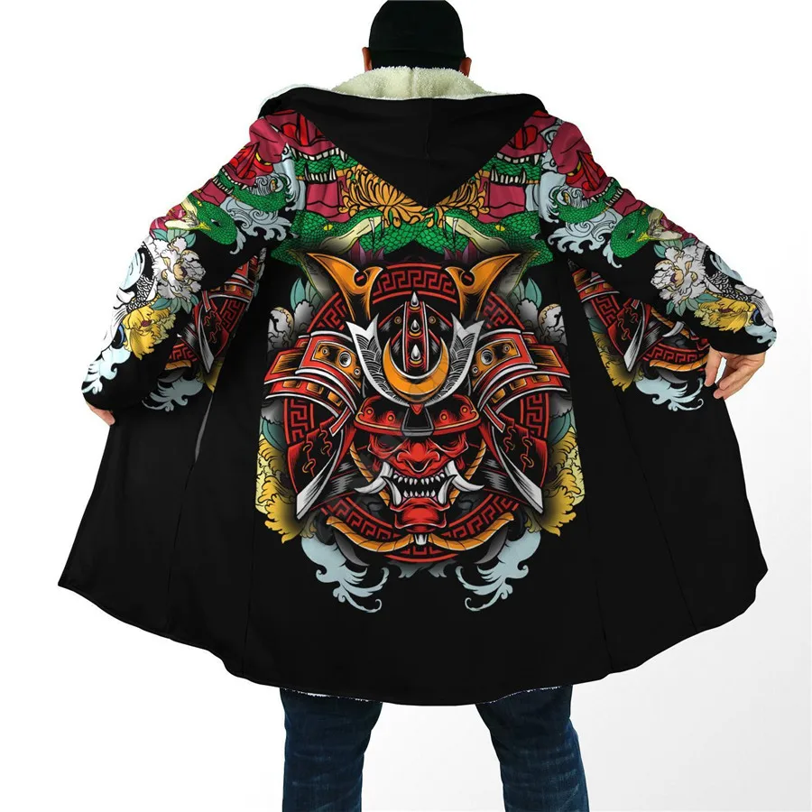 

Winter Men For Women Hooded Cloak Samurai Tattoo 3D Over Printed Cloak Fleece Wind breaker Warm Hood Cloak