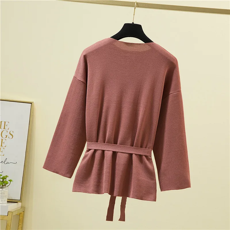 Women Winter Sweater Clothes Long Sleeve Sweater 2021 Belt O-neck Knitted Sweater Woman Pullovers Japan Korea Style Tops