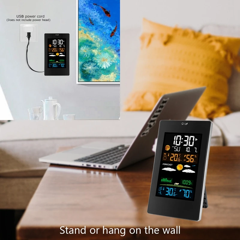 Digital Wall Temperature Humidity Meter Wireless Sensor Electronic Weather Forecast Alarm Clock Moon Phase Barometer Backlit