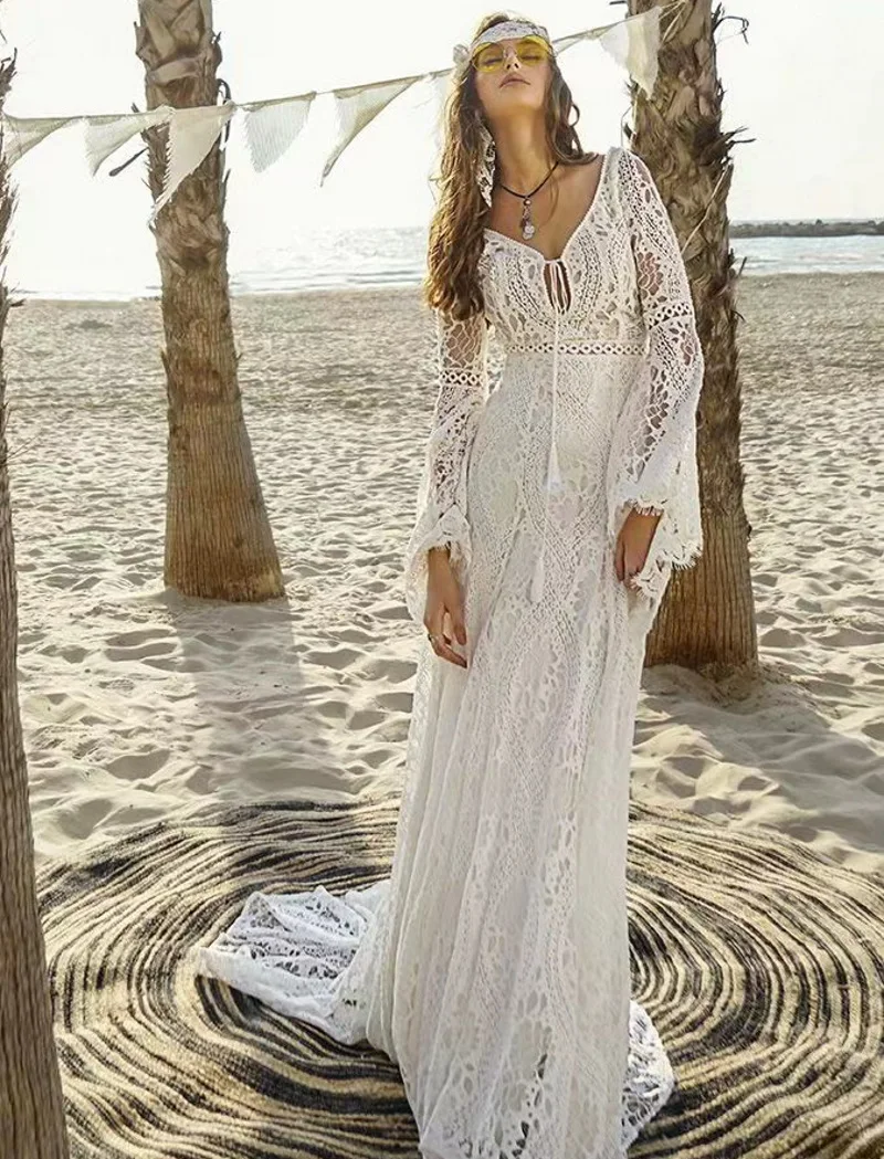 2021 nuovo stile Flare Sleeve Sexy Backless scollo a v Bohemian Beach pizzo abiti da sposa abiti da sposa abiti da sposa Sweep Train