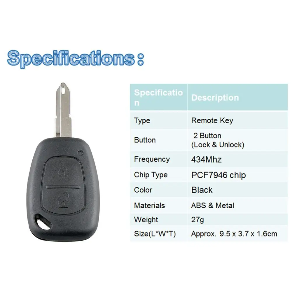 2 Button 433Mhz ID46 Chip Blank Remote Key for Renault Clio Scenic Kangoo 434MHz PCF7946 Transponder Car Key with NE73 Blade