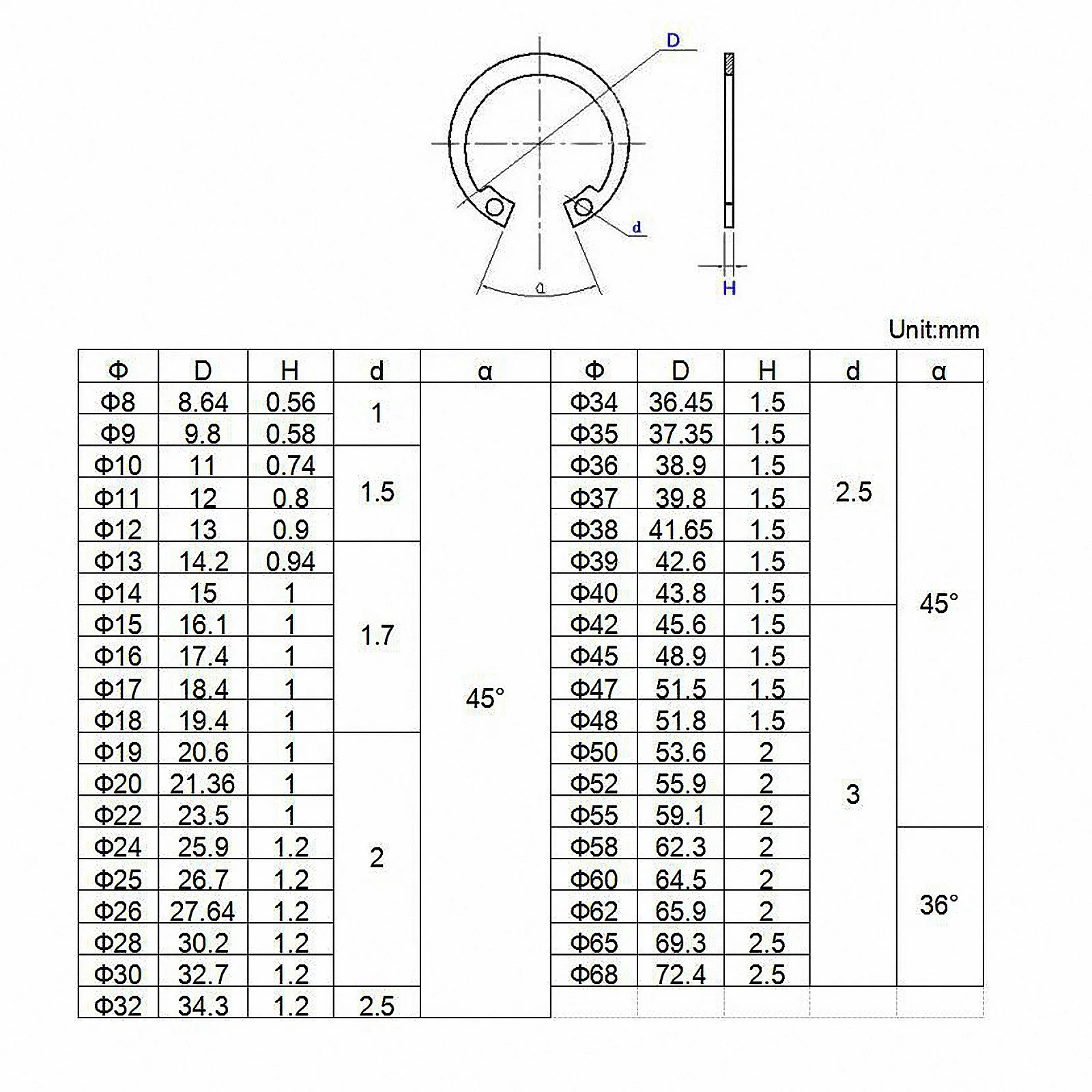 2-50pcs M8-M72 Internal Circlips Black 65Mn Steel C-type Snap Lock Retaining Ring Holes Shaft Collar Washer GB893
