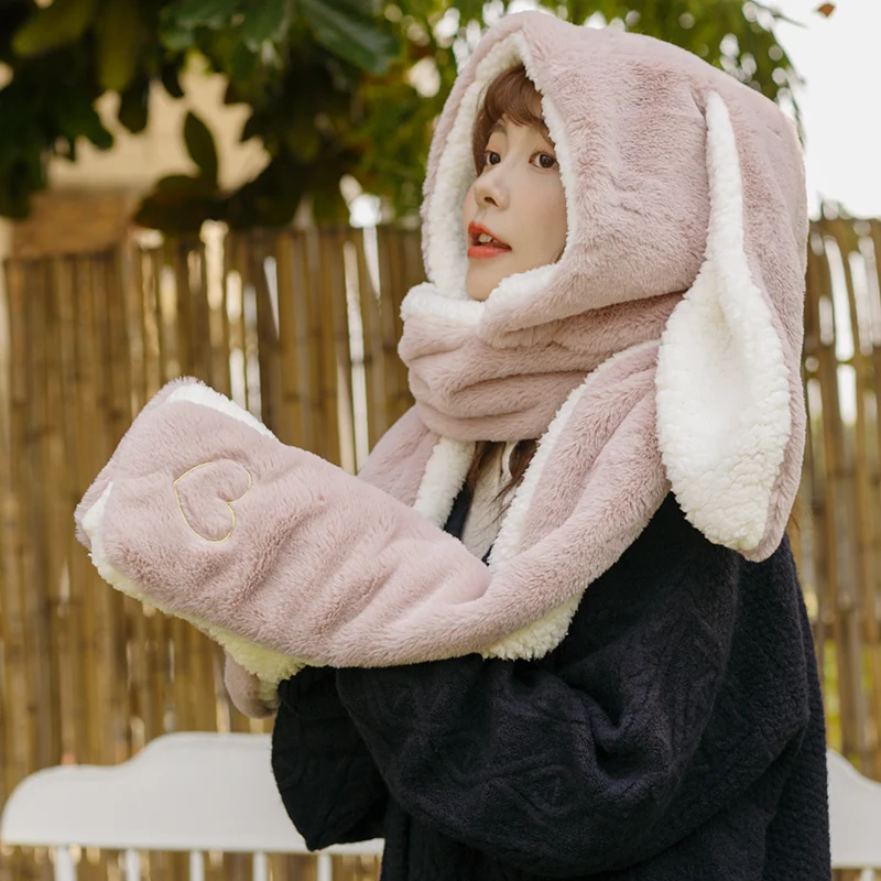 2023 women fashion Cute Cartoon Rabbit ears HatImitation mink Cap girl Winter Warmth Thickened with Scarf gloves one-piece hat