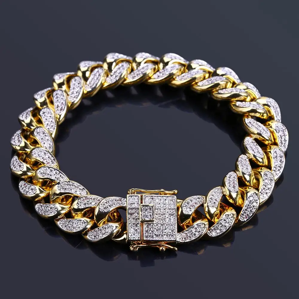 14mm Full AAA+ CZ Zircon Paved Bling Ice Out Cuban Miami Curb Link Chain Bracelets for Men Rapper Jewelry Gold Silver Color