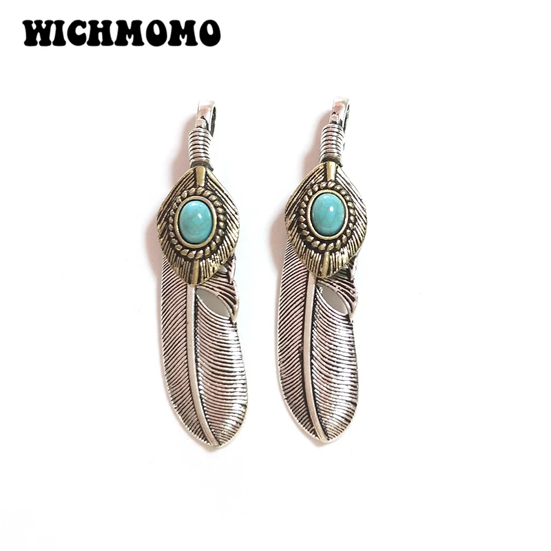 New Fashion 2pcs/bag 65*15MM Big Hole Retro Zinc Alloy Feather Charms Pendant for DIY Jewelry Accessories Gifts