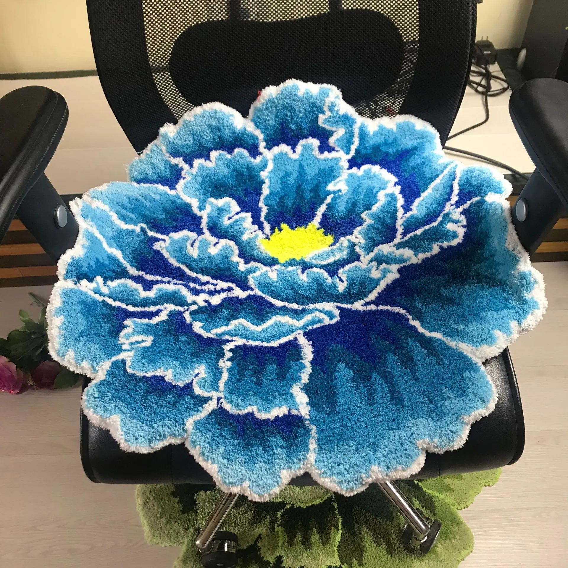 3D Peony Thick Flower Carpet Bedroom Living Room Round Rug Bed Soft Parlor Red/Blue Rugs Anti-slip Hallway Chair Kids Door Mat
