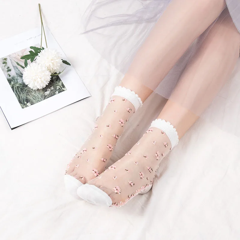 1 Pair Breathable Ultra Thin Socks Summer Women Transparent Lace Silk Crystal Rose Flower Girls Female Elastic Short Socks