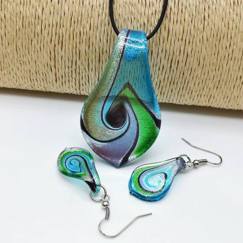 6 Sets Different Color Whirlwind Pattern Ribbons Glass Murano Leaf Pendant Necklace Earrings Chinese Style Colored Glaze Jewely