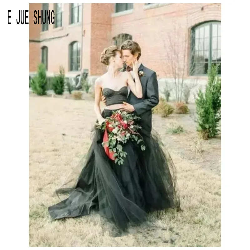 E JUE SHUNG Sexy Black Two Pieces Wedding Dresses Sweetheart Neck Backless Tulle Bridal Gowns Boho Wedding Gown vestido de noiva