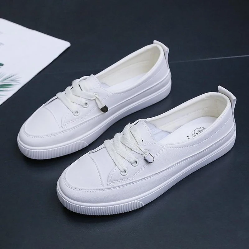 Ladies White Shoes Women Sneakers Female Pu Leather Walking Sneakers Woman Loafers White Flat Slip on Vulcanize Casual Shoes