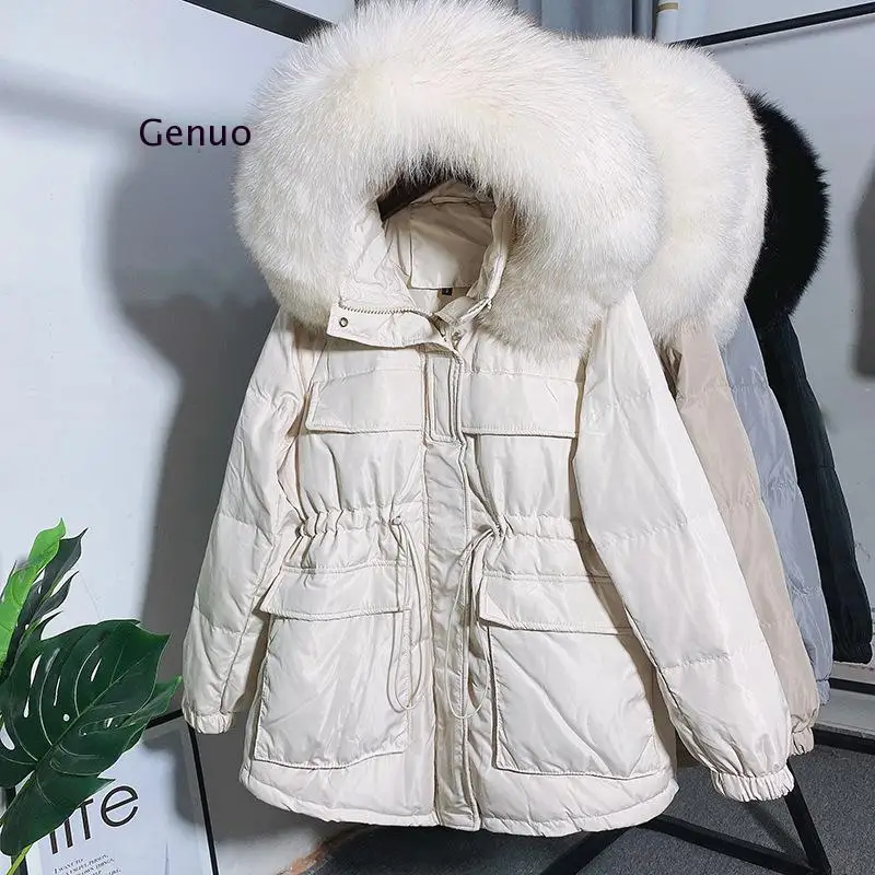 

Winter White Duck Down Jacket Women New Fashion Fox Fur Collar Short Hooded Down Coat Female Office Lady Adjustable Waist