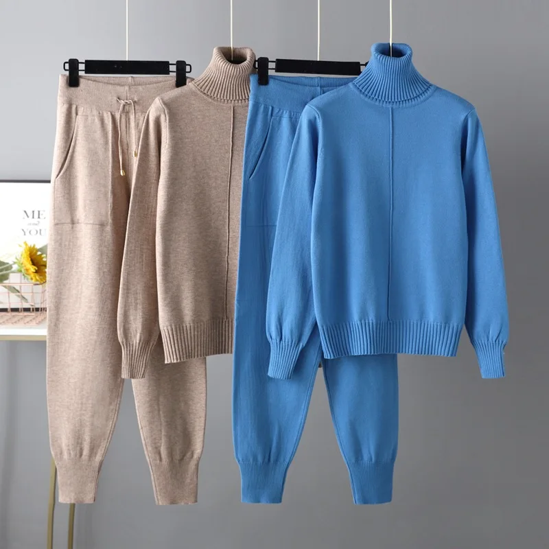 

2022 New Autumn Winter Women's tracksuit Solid Color Turtleneck Sweater Suit and Elastic Trousers Suits Knitted Two Piece Set