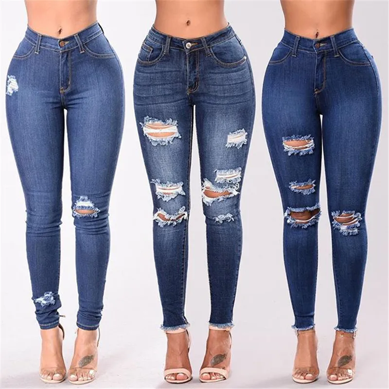 2020 Hot Sale Woman Ripped Jeans Slim Fit Hip Tight Skinny Jeans Fashion Little Feet Pants Large Size Clothing S-3XL