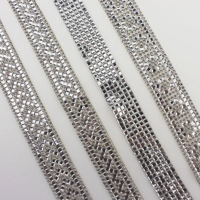 1Yard Iron On Rhinestone Tape Silver Hotfix Crystal Lace Trim Heat Transfer Beaded Chain Ribbons Bridal Dress Belt Banding YY023