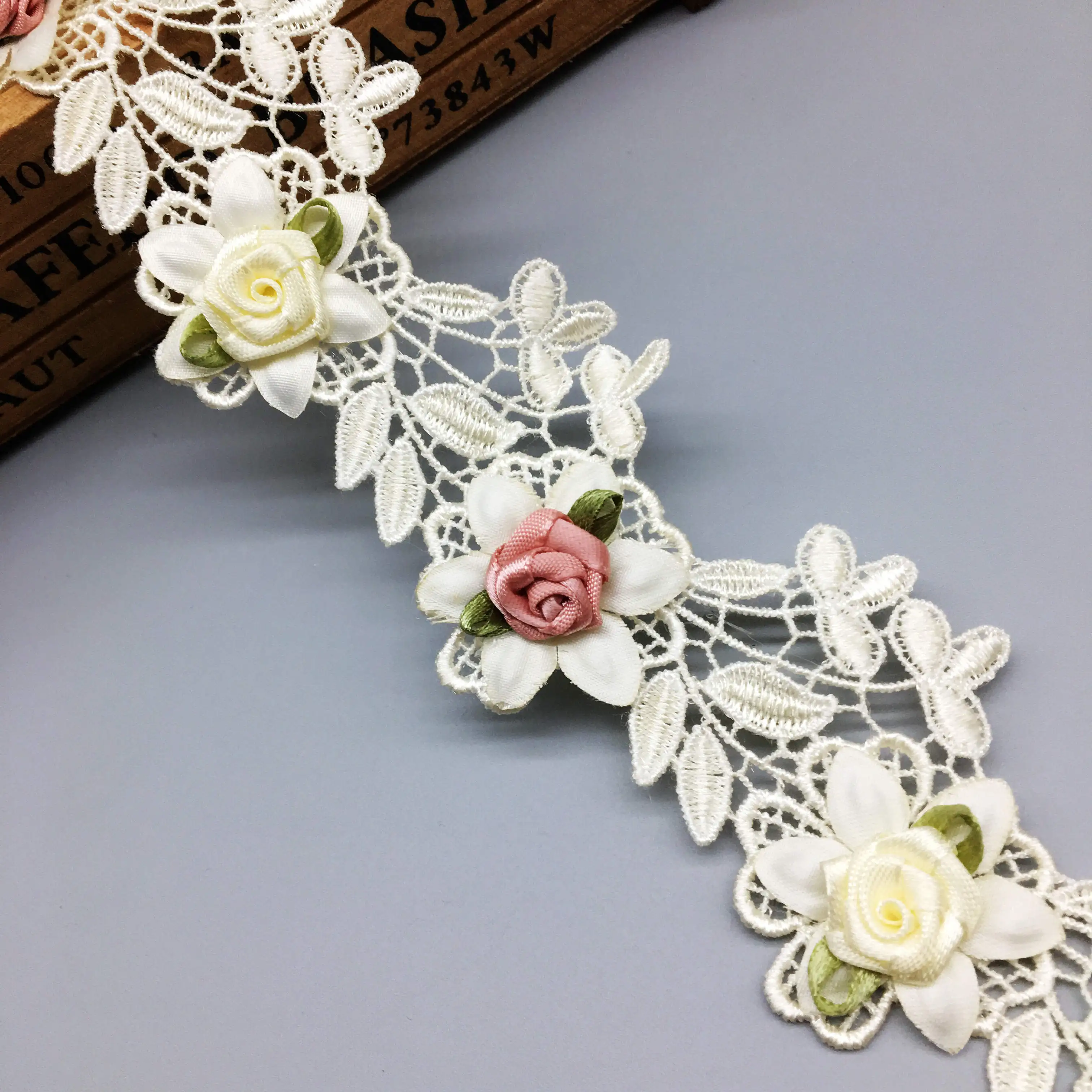 

1 Yard 4CM Apricot 3D Rose Flower Embroidered Dress Lace Trim Ribbon Fabric Sewing Craft For Costume Garment Wedding Decoration