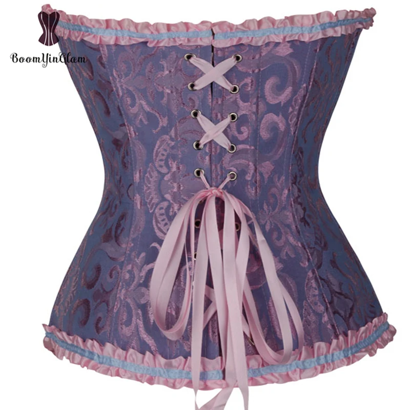 Brown Dark Blue  Steampunk Korset Women Lingeries Dance Wearing Costumes Floral Lace Up Boned Corset Top