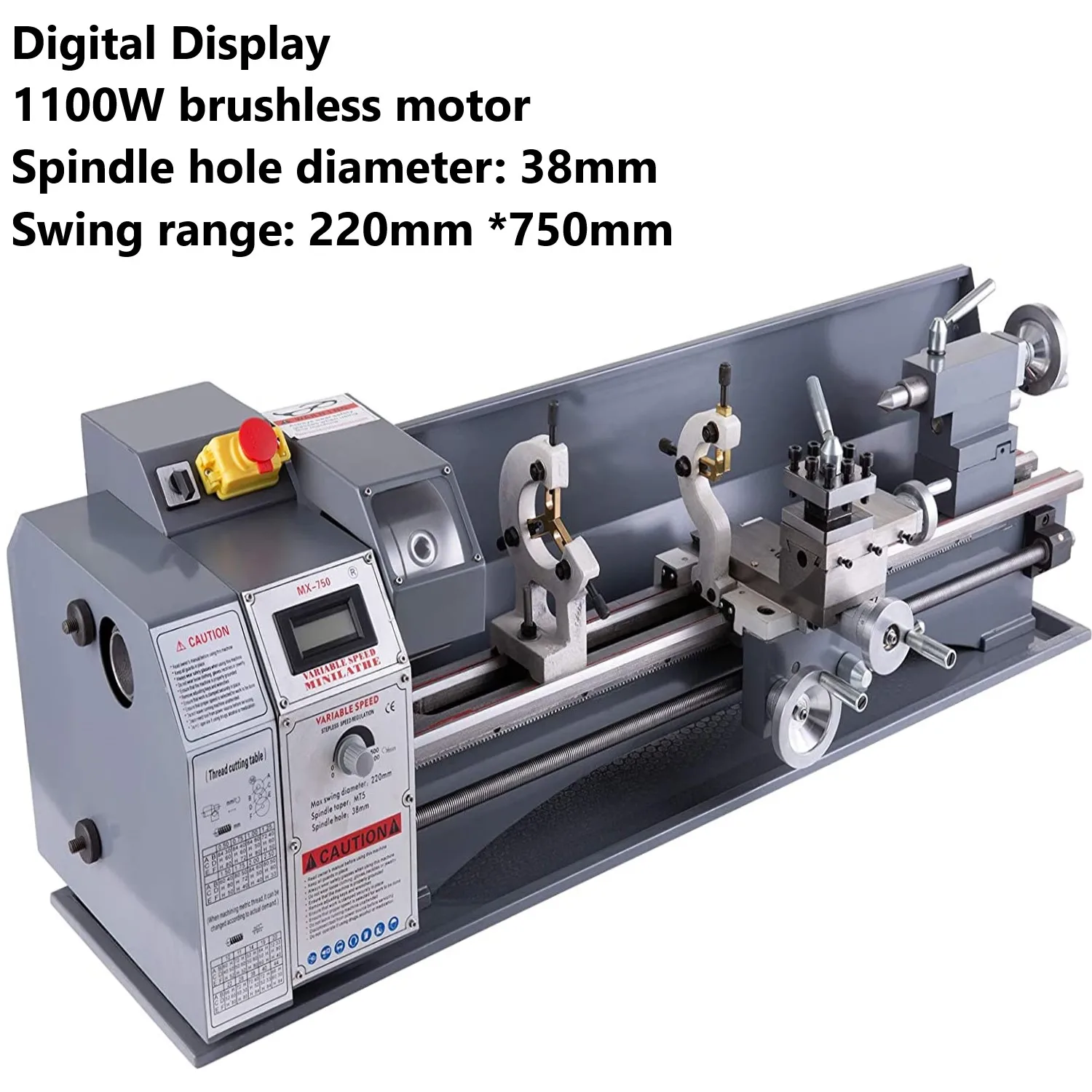 Mini tokarka metalowa, metalowa tokarka 1100W 220MM x 750MM zmienna prędkość tokarka metalowa RPM frezowanie metali frezarka cyfrowa