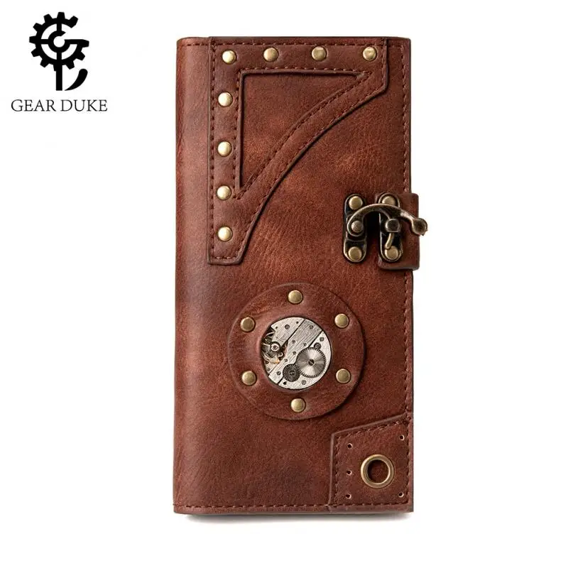 Nieuwe Streampunk Gearduke Geldzak Vrouwen Gear Klinknagel Metalen Gesp Portemonnee Middeleeuwse Retro Pu Lederen Portemonnee Punk Hand Purse