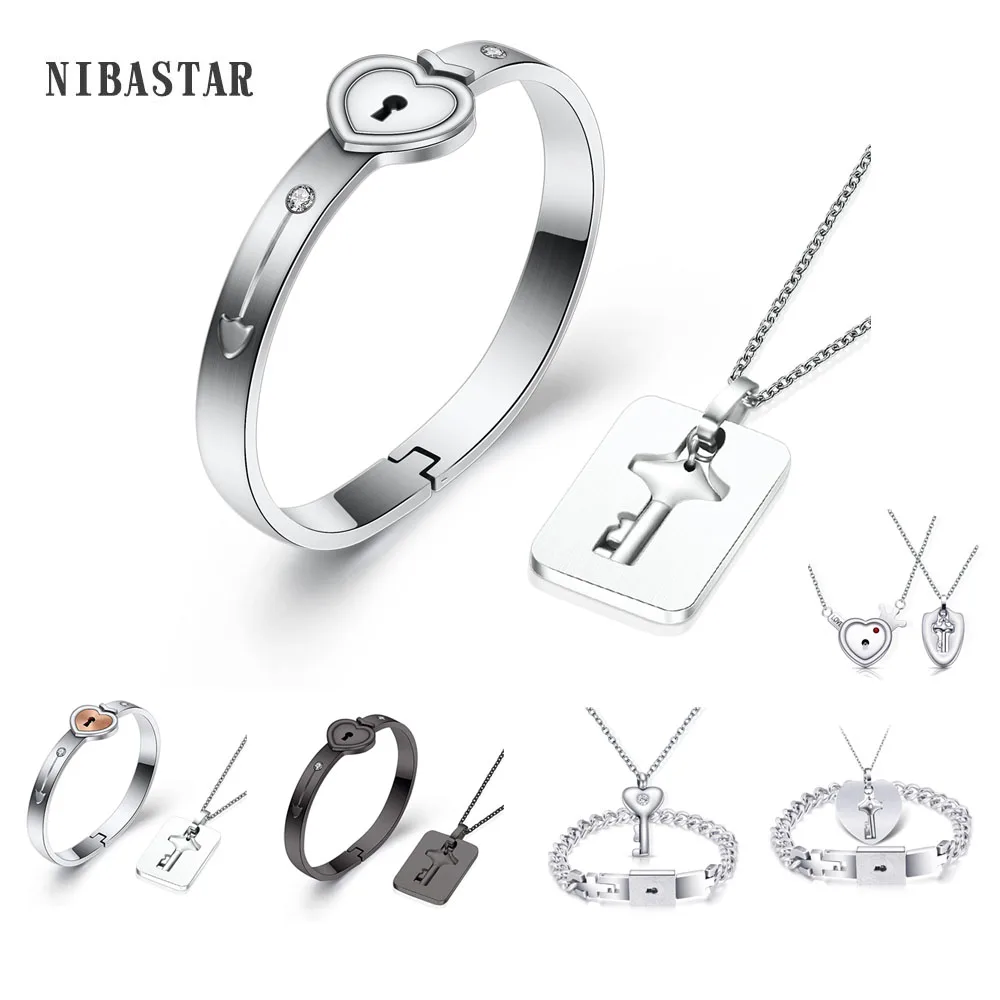 Stainless Steel Love Heart Lock Bracelets Bangles Key Pendant Necklace Couple Lover Jewelry Sets For Couples