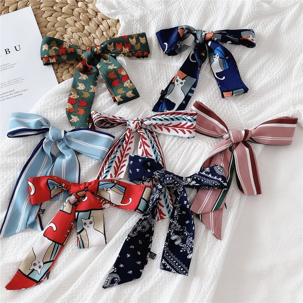 Japanese Scarf Striped Animal Print Narrow Small Long Polyester Silk Women Neck Scarves Spring Summer Dress Belt Hat Ribbon Tie