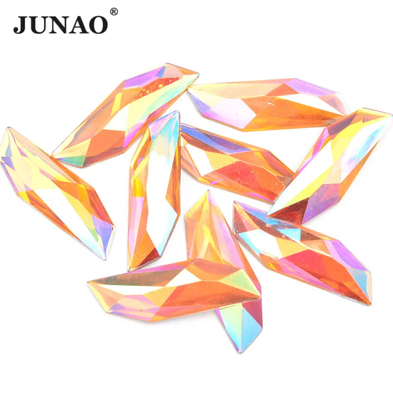 JUNAO 10pcs 15x47mm Yellow AB large Rhinestones Applique Flatback Fancy Crystal Stones Glue on Strass for Garment Accessories